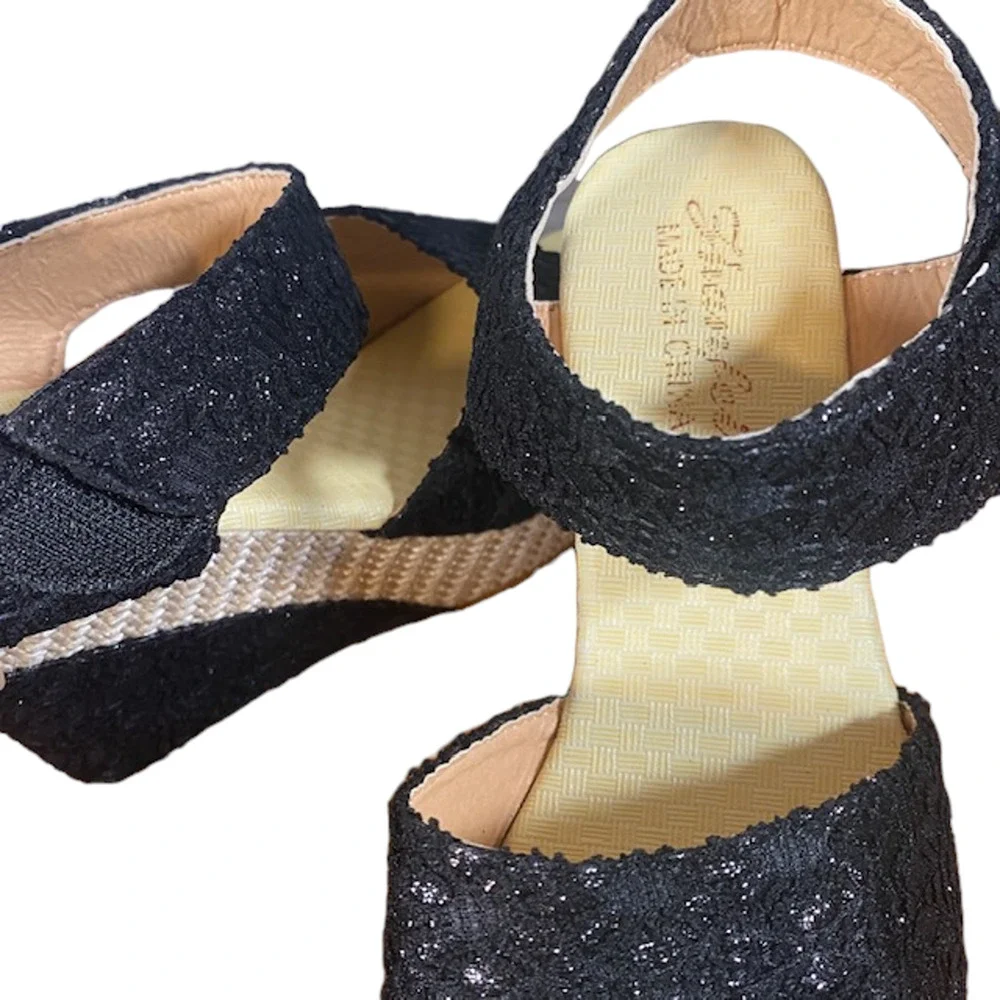Women’s Metallic Black Wedge Espadrille Sandals Ankle Strap Velcro Size EU 38